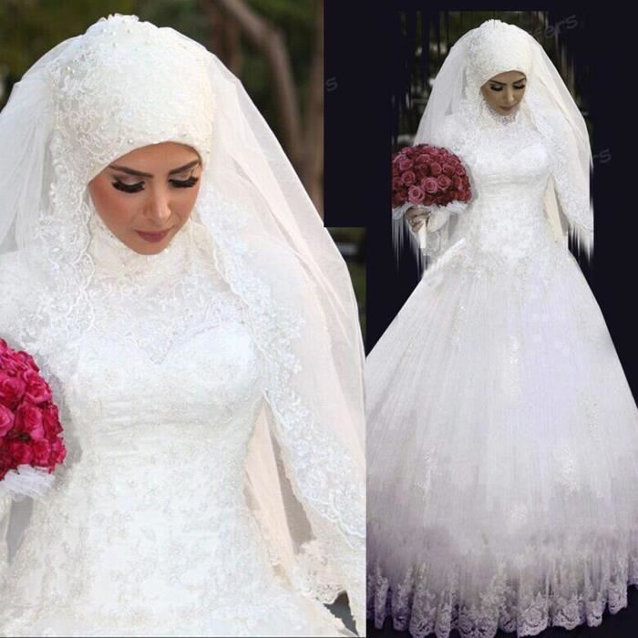 Robe de mariée mariage caftan longue col haut avec manche dubai