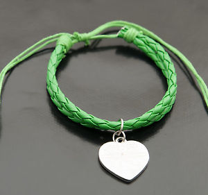 Bracelet Bresilien Cuir Tresse Avec Breloque Coeur Vert BB517