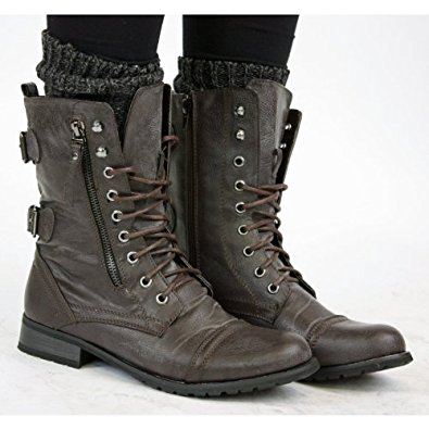 Bottes Femme Militaire Noir Vintage Chaussures Plates Bottines
