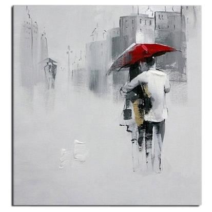 Tableau Ville Rue New York Couple Amour au Parapluie Rouge Peinture