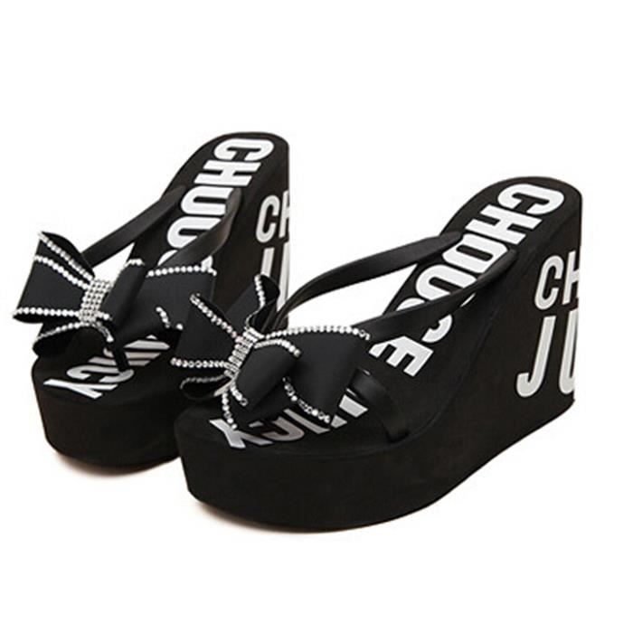 femme chaussures Sandales plateforme de coin flip flops bowknot noir