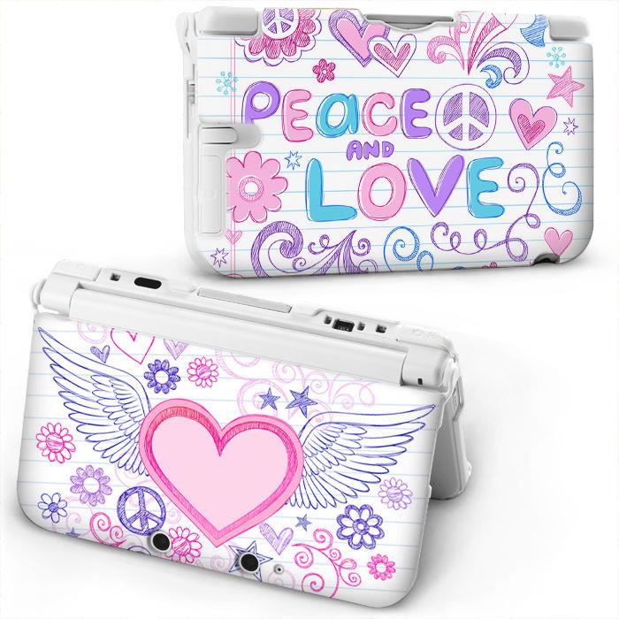 Coque Housse 3DS XL Peace Love Blanc Coeur Aile Ange Fleur Etoile Rose
