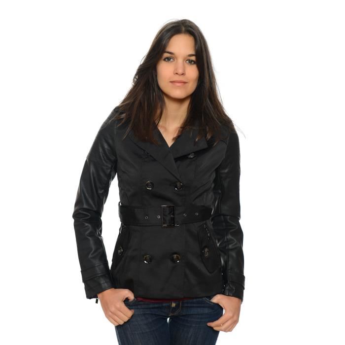 Trench Court Femme Jayloucy Manches PU Noir Trench Femme JAYLOUCY