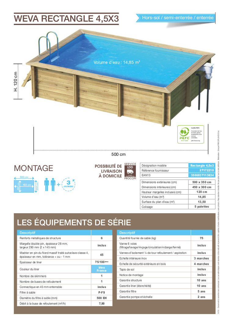 Piscine bois rectangle 4,5×3 m Hauteur 1,20 m Achat / Vente piscine