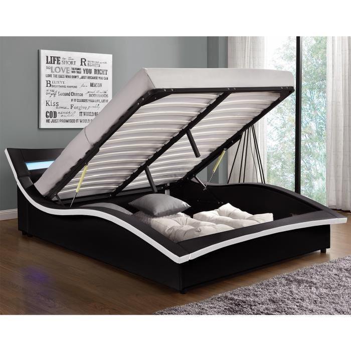 Lit Noir avec coffre sommier LED 160x200cm Achat / Vente lit complet