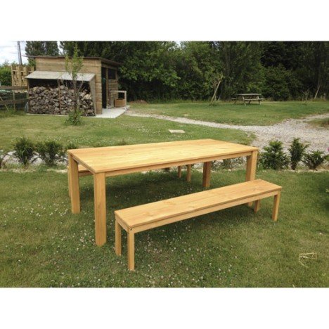 Salon de jardin Set ferme bois chêne vieilli 1 table + 2 bancs