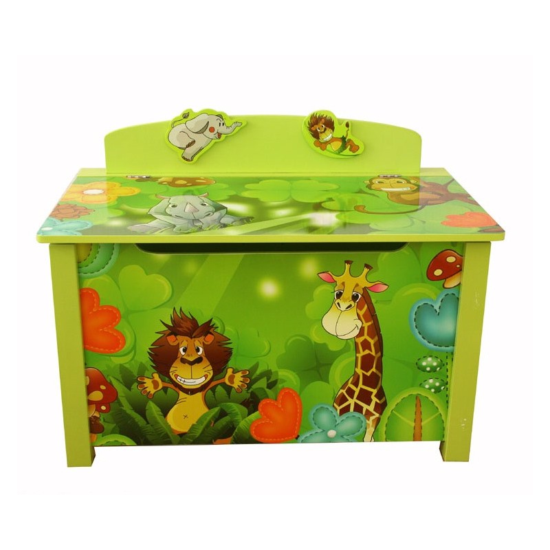 coffre a jouets en bois meuble chambre enfant motif jungle 71x52x46 cm