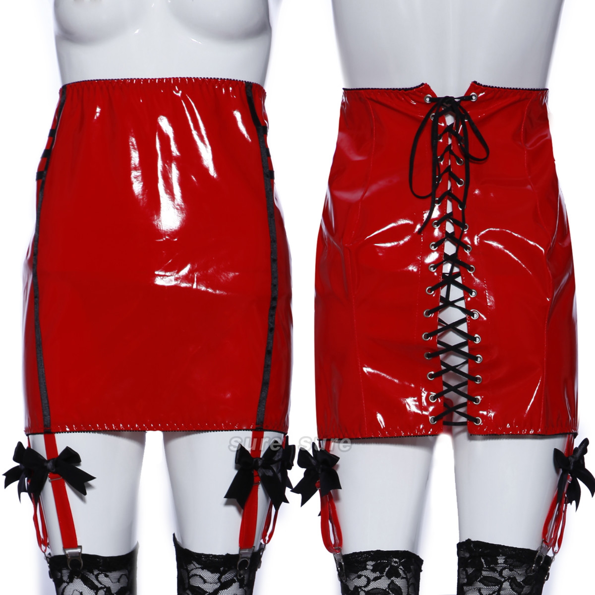 Porte jartelle sexy faux cuir PVC noir rouge string lingerie taille