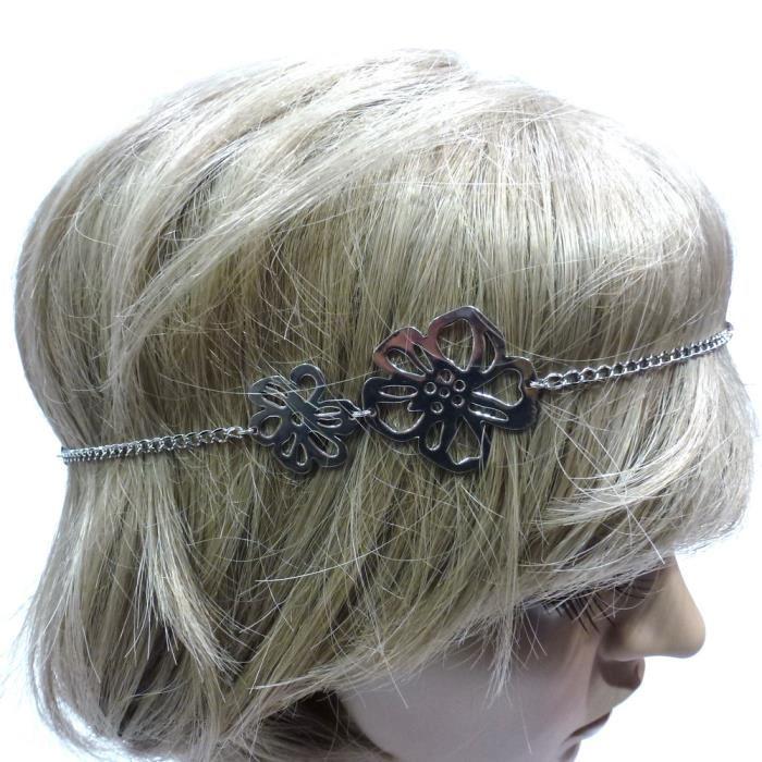 Headband/bandeau/ bijou de tête avec deux fleurs en métal argenté