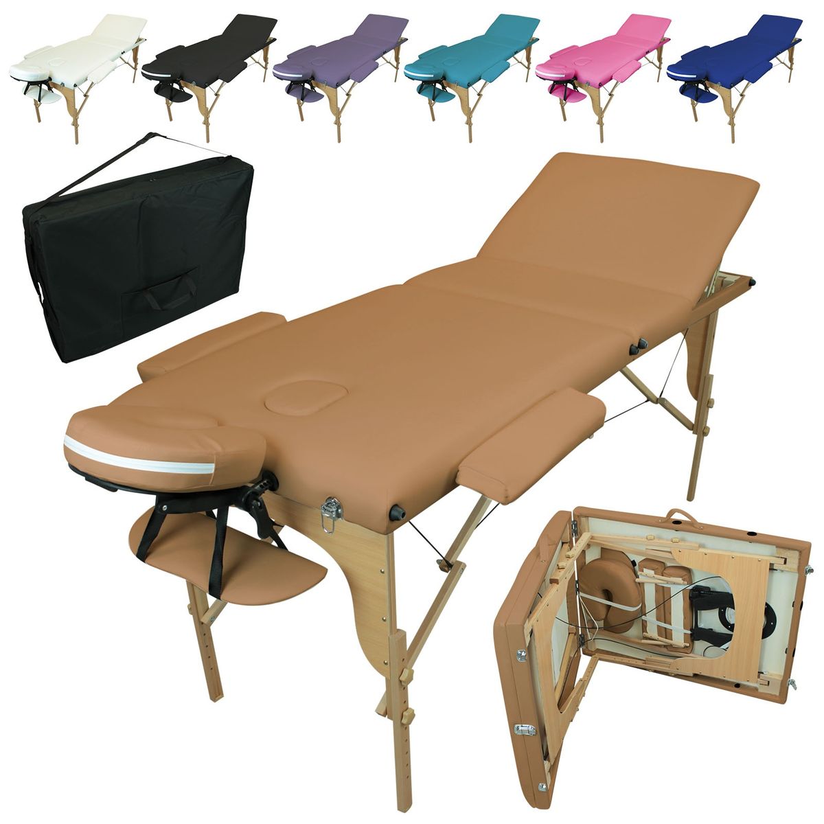 Table De Massage Pliante 3 Zones Marron clair + Housse de Transport et