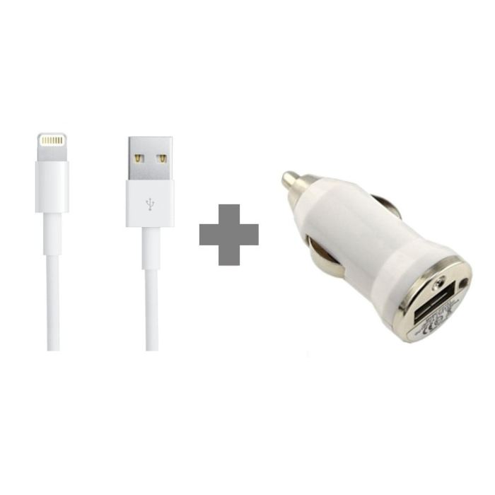 Câble compatible iPhone 5 + Chargeur allume cigare 2en1 : câble