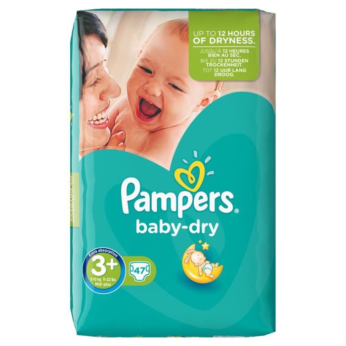 PAMPERS Baby Dry Taille 3+ 5 à 10 kg x47 couches format Géant Vert