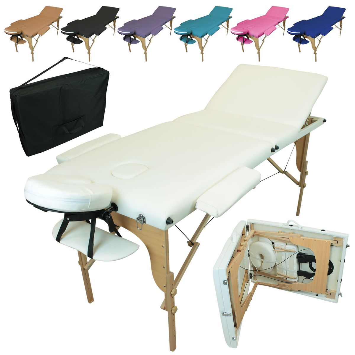 image Table De Massage Pliante 3 Zones Blanche + Housse de Transport