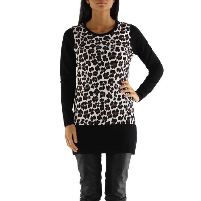 Tunique pull long femme imprimé léopard marron blanc et noir Col