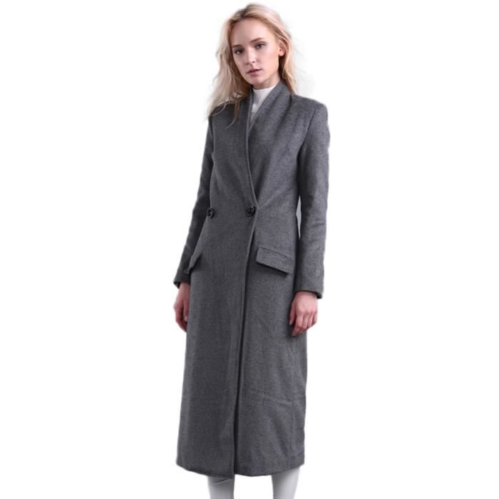 Manteau long femme en laine à mollets gris col Gris Gris Achat