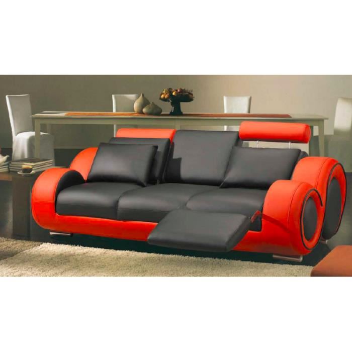 Canapé 3 places en cuir relax noir et rouge Achat / Vente canapé