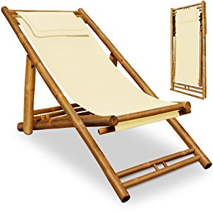 Chaise camping plage pliante en bois bambou Tissu assise Beige