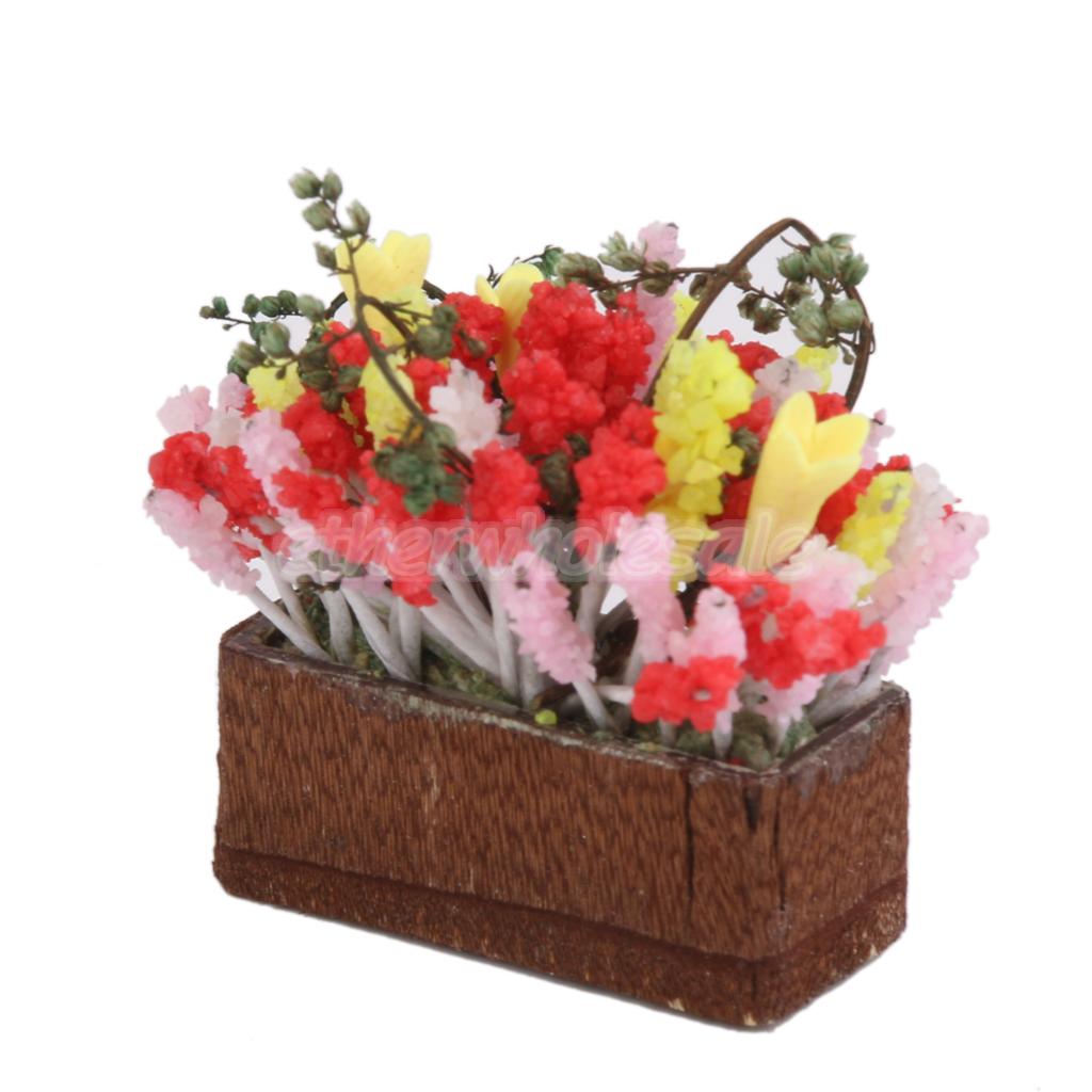 12 Miniature Fleur Buisson Multicolore Avec POT EN Bois Pour Maison DE
