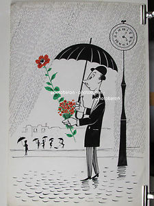 dessin textile orig gouache amoureux parapluie horloge BD super deco