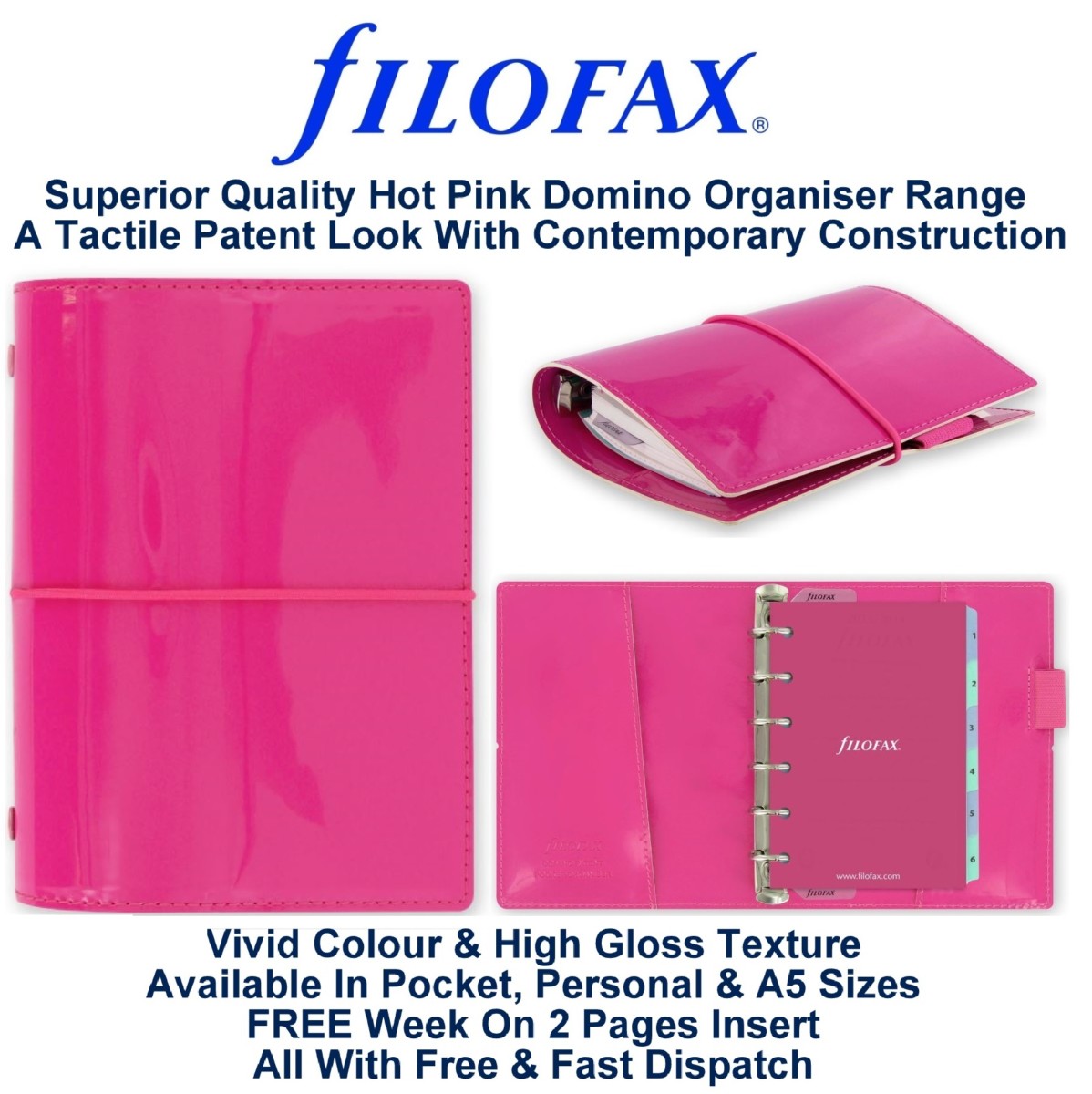 Filofax rose chaud domino patent organiseur journal agenda bloc notes