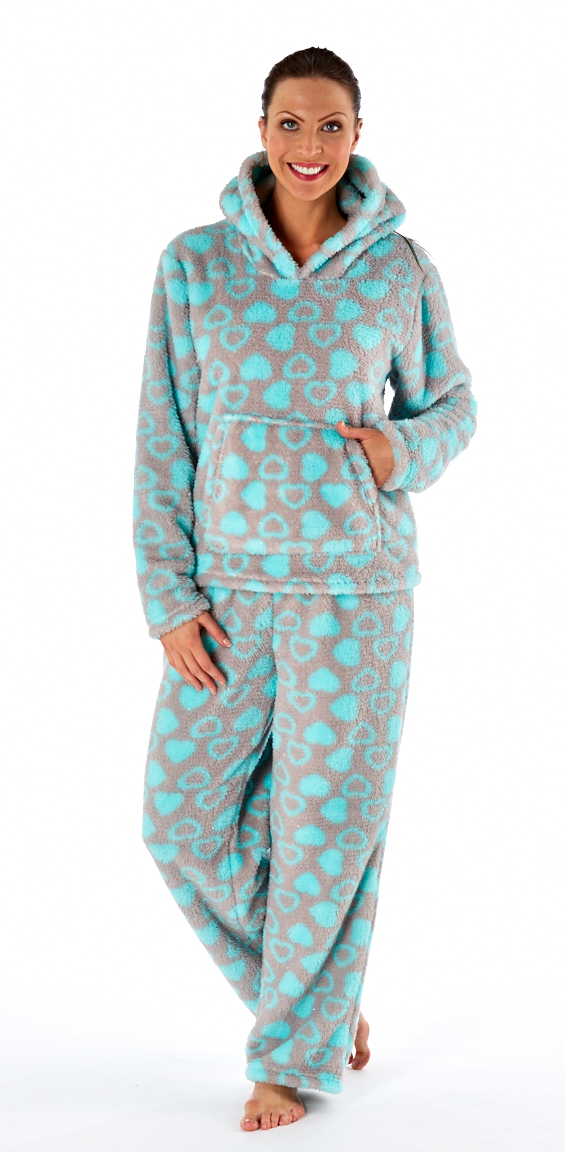 Womens Fleece Lounge Pants + Hooded Jumper Set Warm Pyjamas Nightwear
