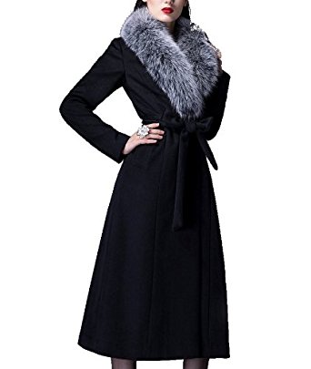 Manteau long en laine femme , trench noire avec fourrure synthetique