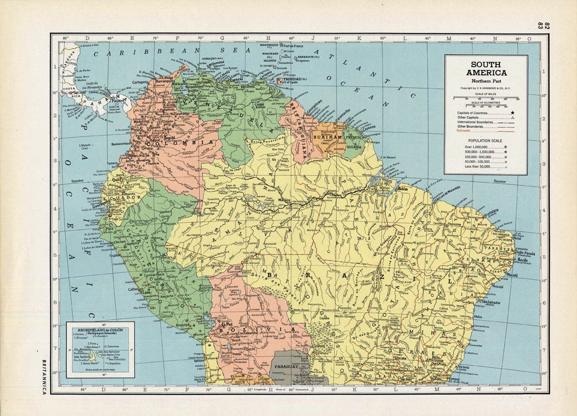 ’40s RETRO Folio Map of Northern SOUTH AMERICA. Colors!