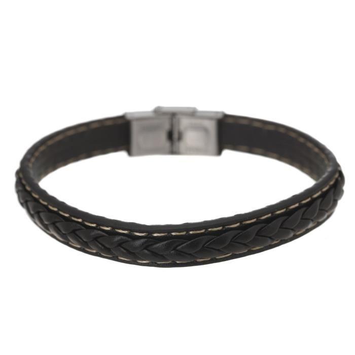 Bracelet Cuir et Acier Homme Argenté et noir Achat / Vente bracelet